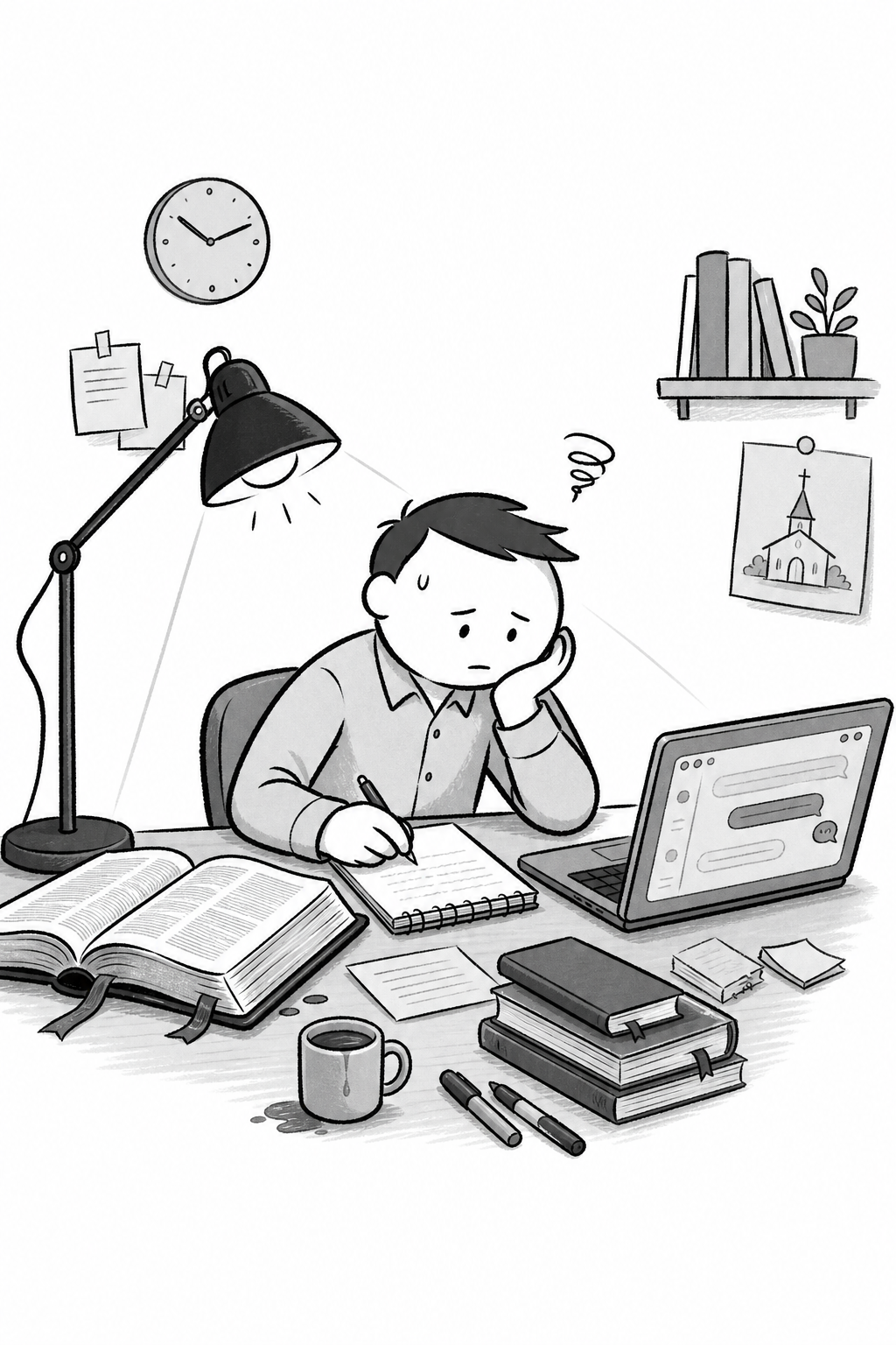 Figure 0.1 — The Saturday night problem: the Bible is open, the AI tab is ready, and the pastor is tired.